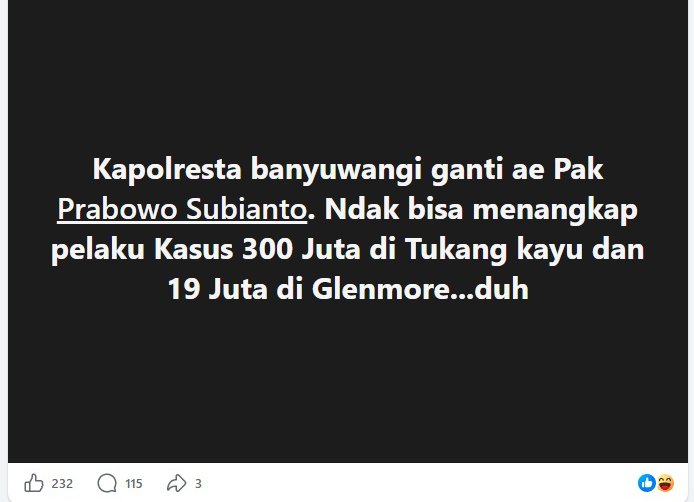 Seorang warga Merasa Kecewa Dengan Kinerja Polresta Banyuwangi Ngundang komentar Nitizen